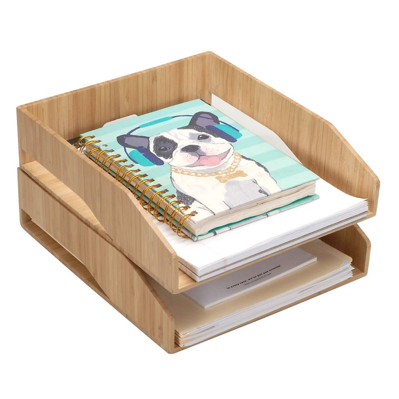 MobileVision 2 Pack Stackable Bamboo Paper Tray Office Organizer for Files, Documents, Letter Sorter, Envelopes and Magazine Holder - Image 5